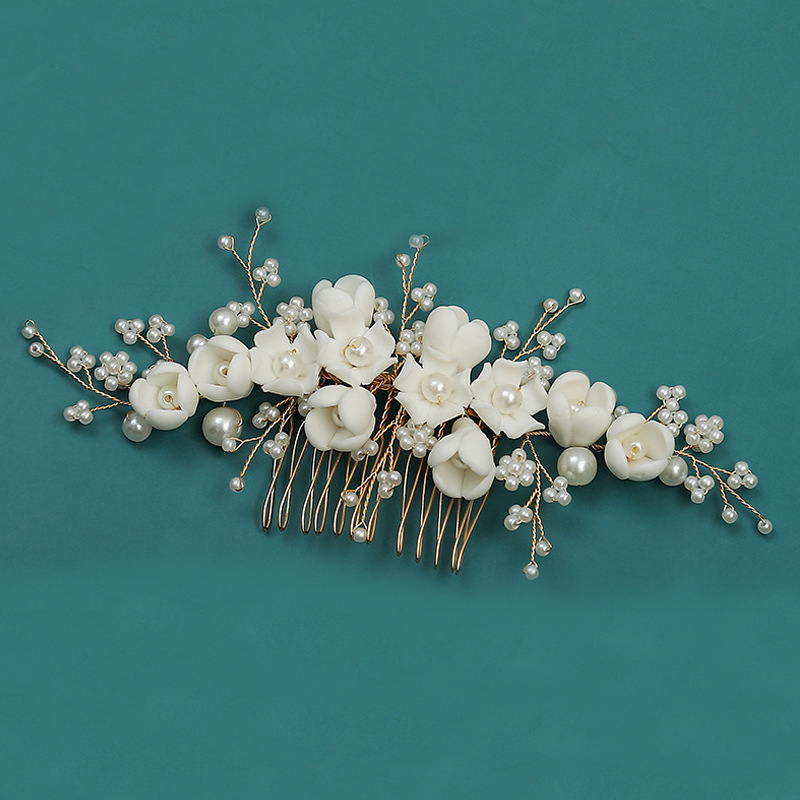 Ivory Porcelain Flower and Pearl Bridal Hair Comb