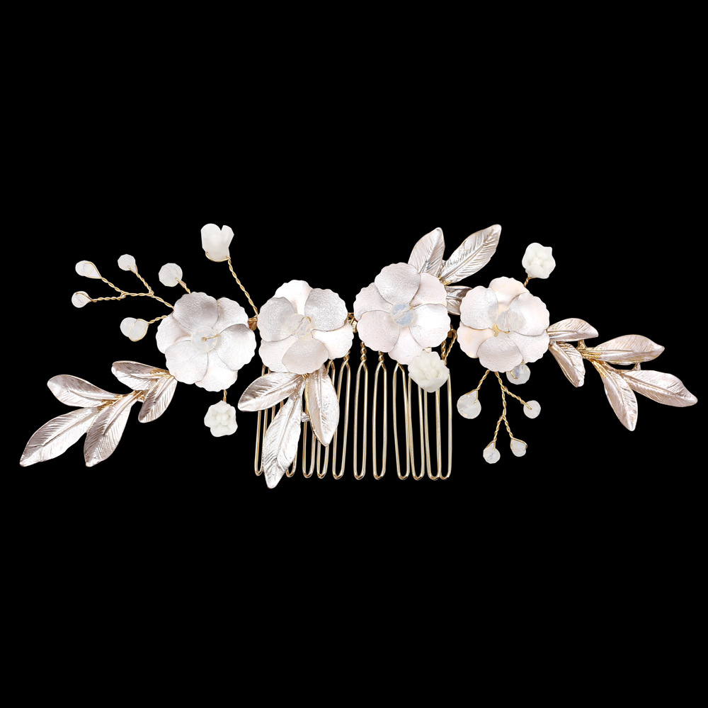 White Golden Leaves Forest Flowers Bridal Hair Comb