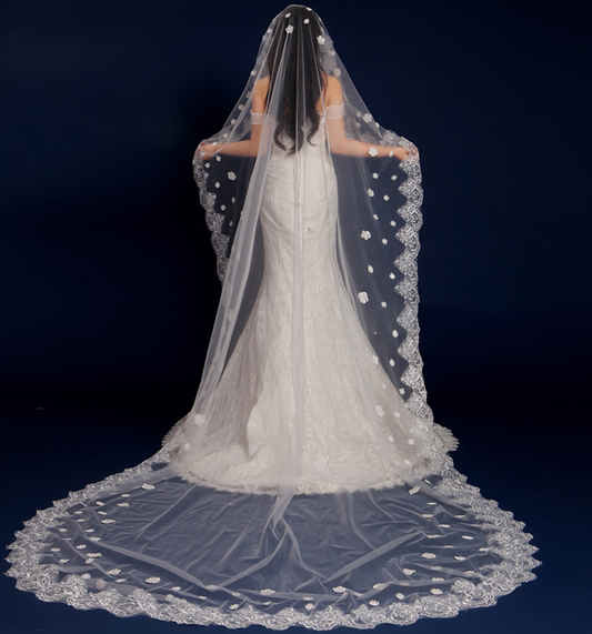 'Love Under the Moon' Trailing Lace Flower Extra Long Veil