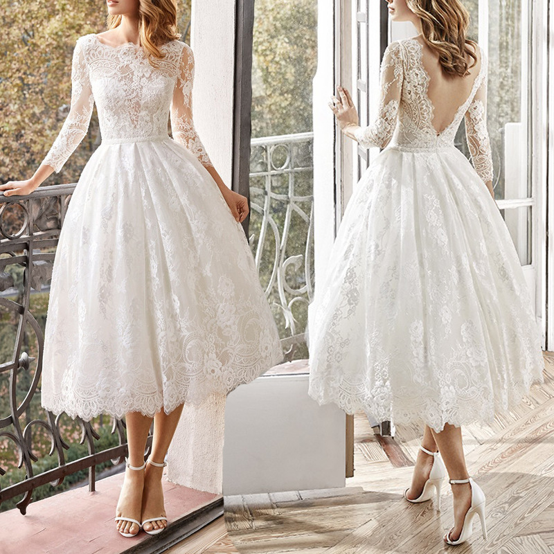 A Line Long Sleeves Tea Length Short Wedding Dress