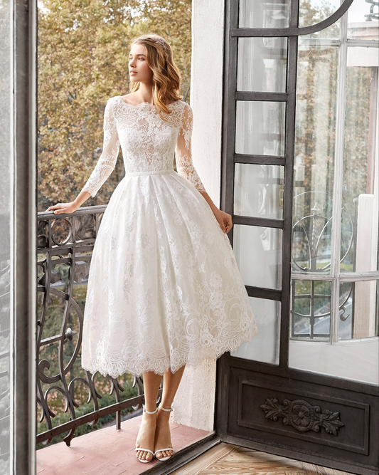 A Line Long Sleeves Tea Length Short Wedding Dress