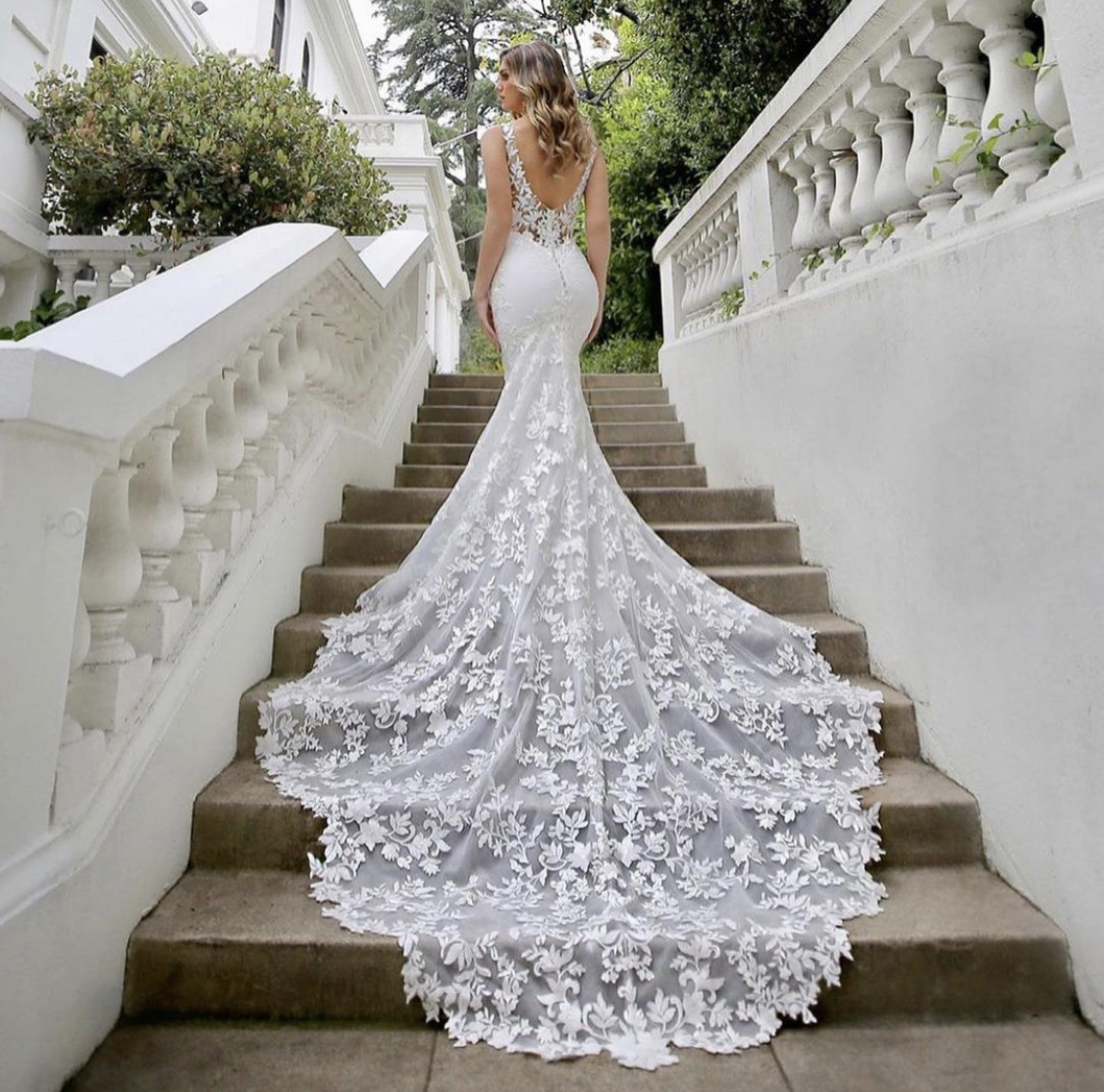 Mermaid V Neck Backless Lace Wedding Dress