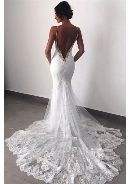 Mermaid Sweetheart Backless Lace Beach Wedding Dress