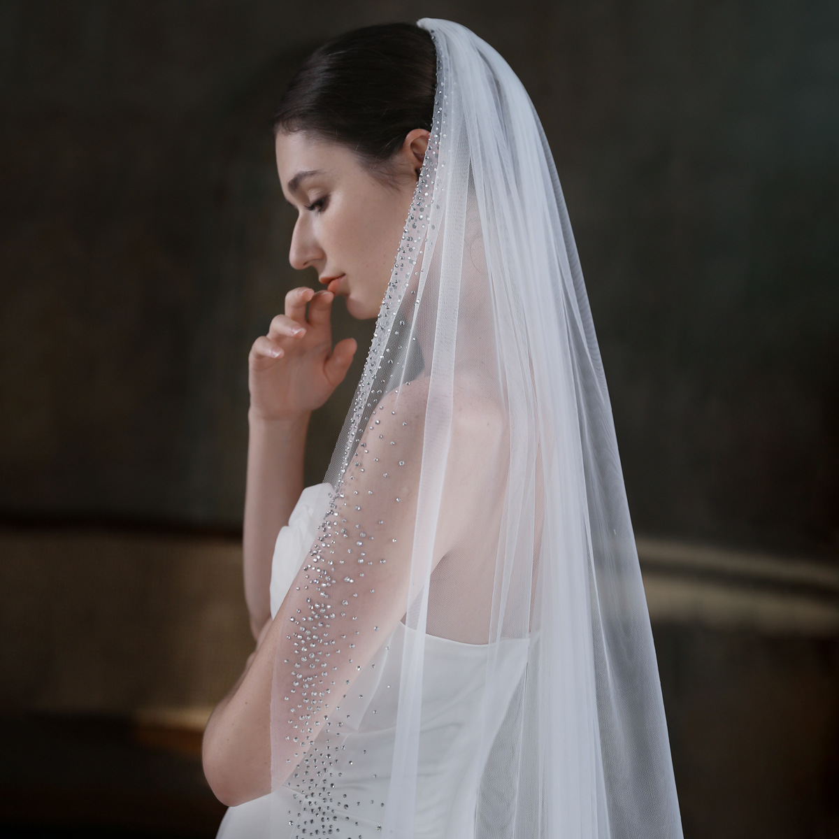 White Single Tier Rhinestone Detailing Bridal Veil With Hair Comb