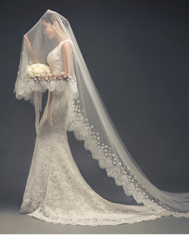 'Love Under the Moon' Trailing Lace Flower Extra Long Veil