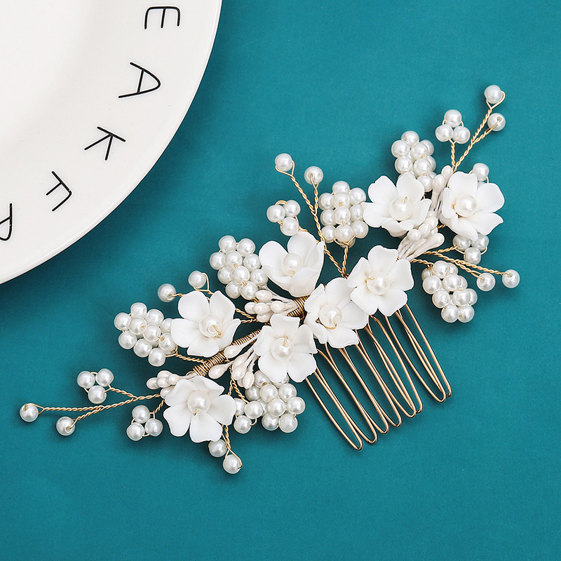 Ivory Porcelain Flower and Pearl Bridal Hair Comb