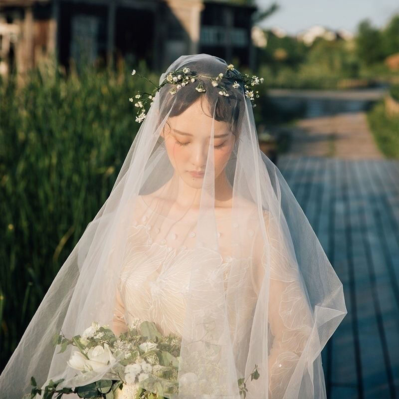 White Double Layer Cut Edge Bridal Veil