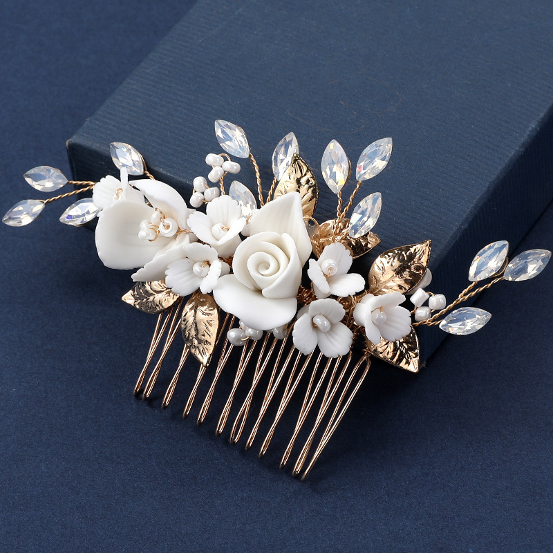 Ivory Porcelain Flower and Pearl Bridal Hair Comb