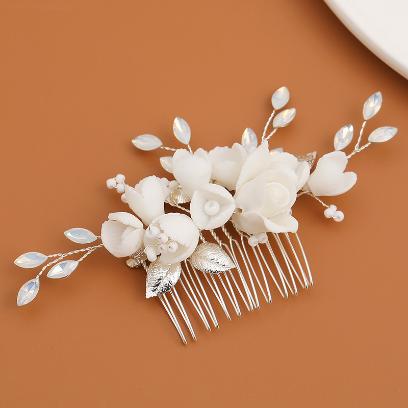 Ivory Porcelain Flower and Pearl Bridal Hair Comb