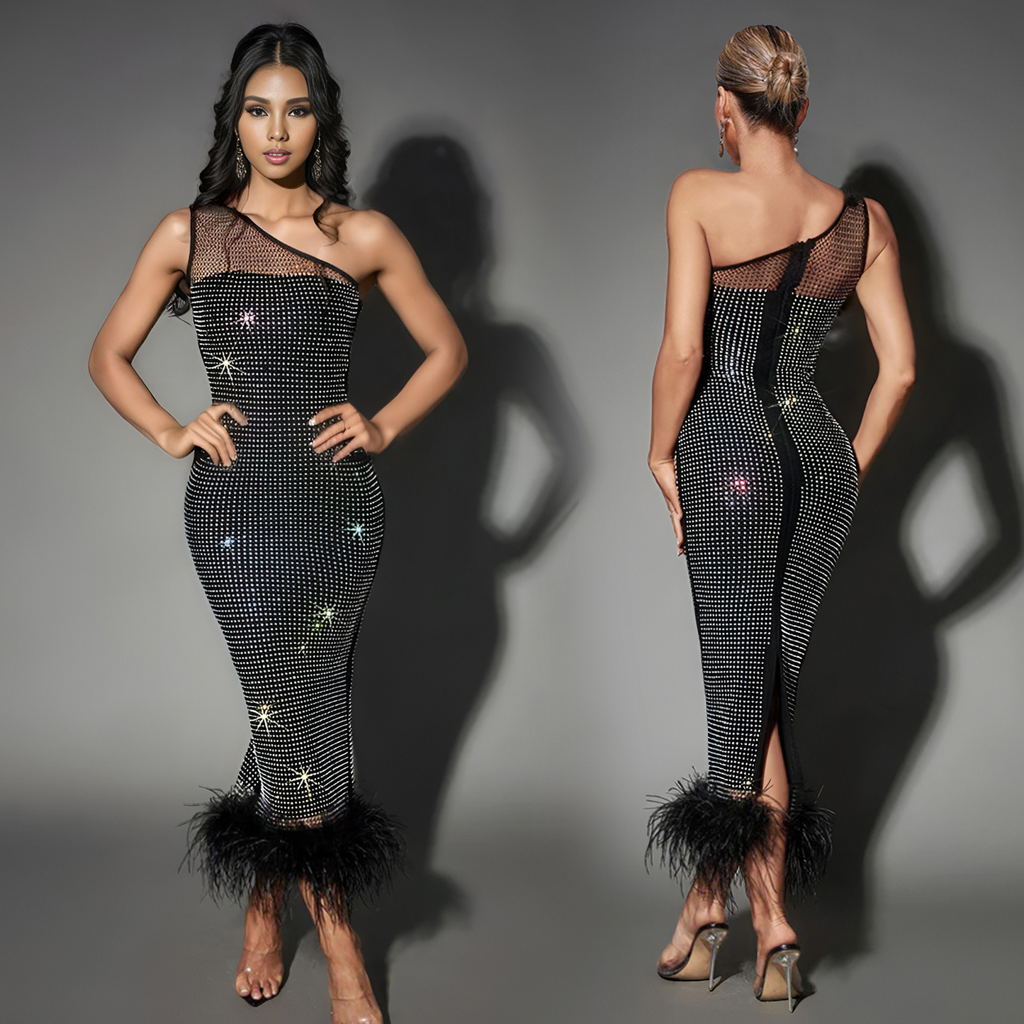 Bowie Mesh Diamond Feather Bandage Party Dress