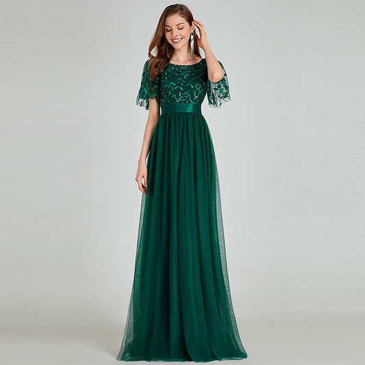 Lace Embroidered Short Sleeves Evening Dress