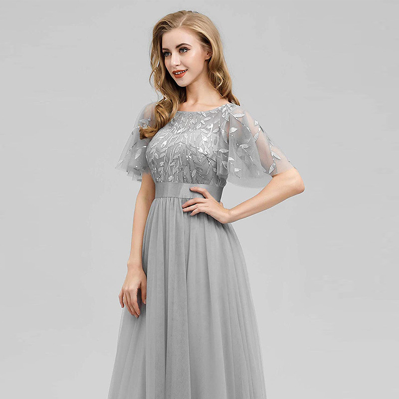 Lace Embroidered Short Sleeves Evening Dress