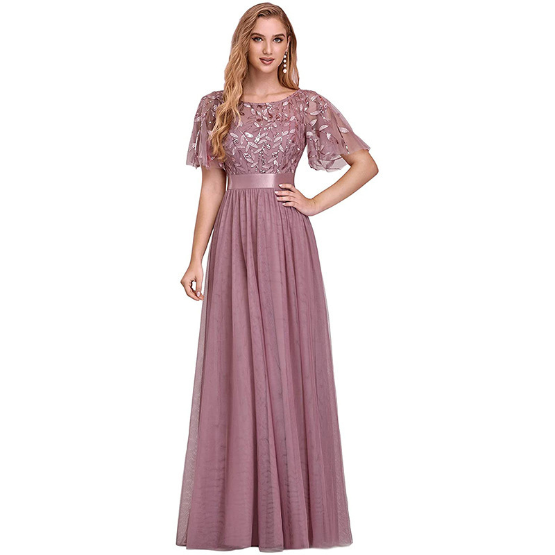 Lace Embroidered Short Sleeves Evening Dress