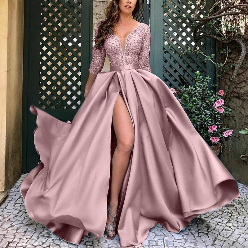 Deep V-Neck Long Sleeves Front Split Evening Dress