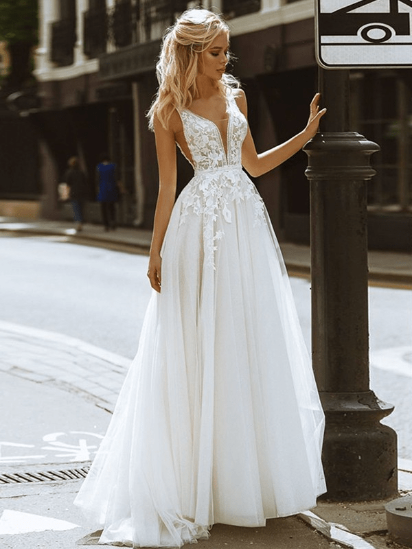 A-Line Lace Tulle V-neck Sleeveless Brush Train Wedding Dress