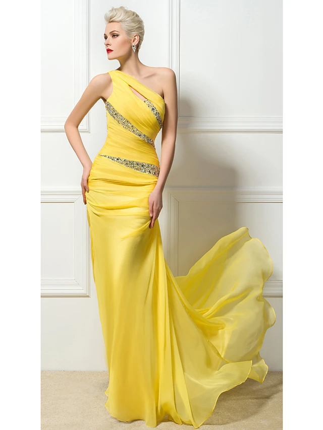 Chiffon One Shoulder Sleeveless Brush Train Column Evening Dress