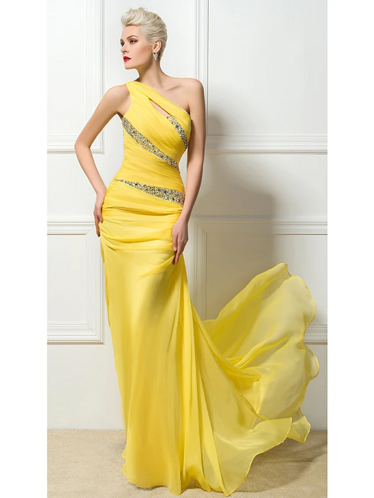 Chiffon One Shoulder Sleeveless Brush Train Column Evening Dress